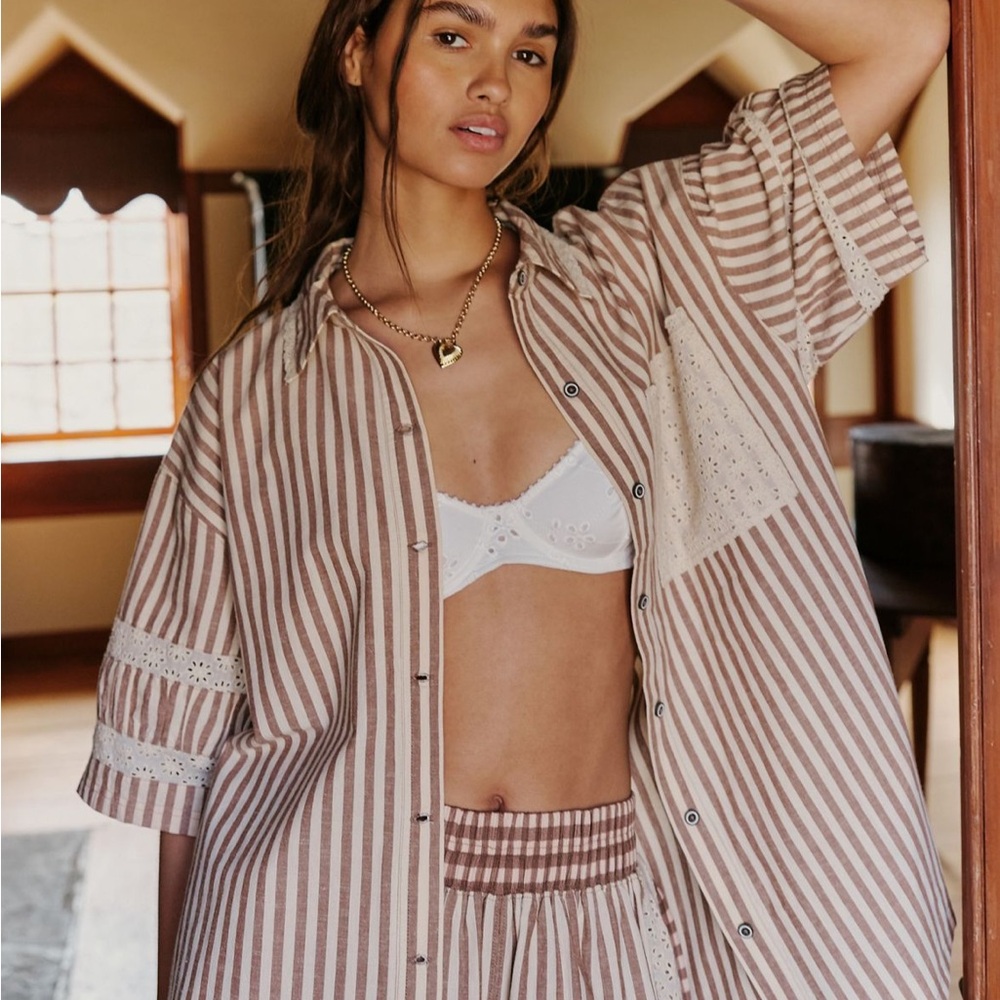 Striped Brown and White Button-Up Eyelet Lounge Shirt Free People